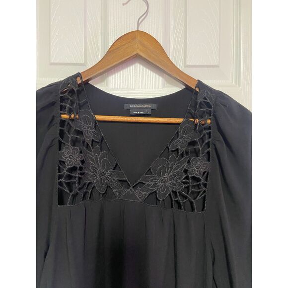 BCBGMaxAzria Tunic Dress Women's Large Black Mini Shift Puff Sleeve Lace Detail - Picture 4 of 9